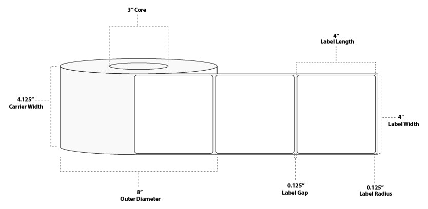 4" x 4" Standard Direct Thermal Paper Label; Perforated; 3" Core; 8" OD; 4 Rolls/carton (1,500 Labels/roll)