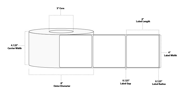 4" x 4" Standard Thermal Transfer Paper Label; No Perf; 3" Core; 8" OD; 4 Rolls/carton (1,500 Labels/roll)