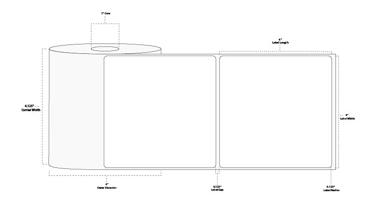 4" x 4" Standard Thermal Transfer Paper Label; Perforated; 1" Core; 4" OD; 4 Rolls/carton (375 Labels/roll)