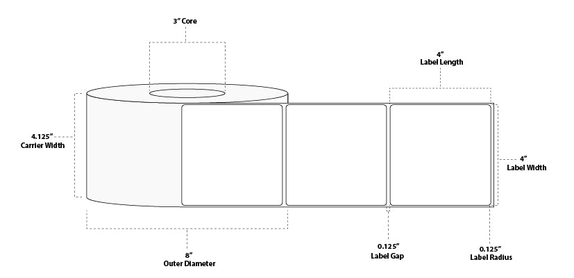 4" x 4" Standard Thermal Transfer Paper Label; Perforated; 3" Core; 8" OD; 4 Rolls/carton (1,500 Labels/roll)