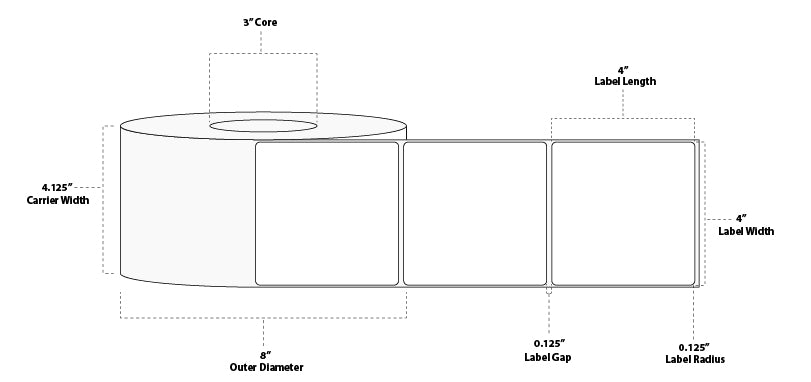 4" x 4" Standard Thermal Transfer Paper Label; Perforated; 3" Core; 8" OD; 4 Rolls/carton (1,500 Labels/roll)