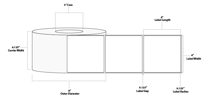 4" x 4" Standard Thermal Transfer Paper Label; Perforated; 3" Core; 8" OD; 4 Rolls/carton (1,500 Labels/roll) - Wound In