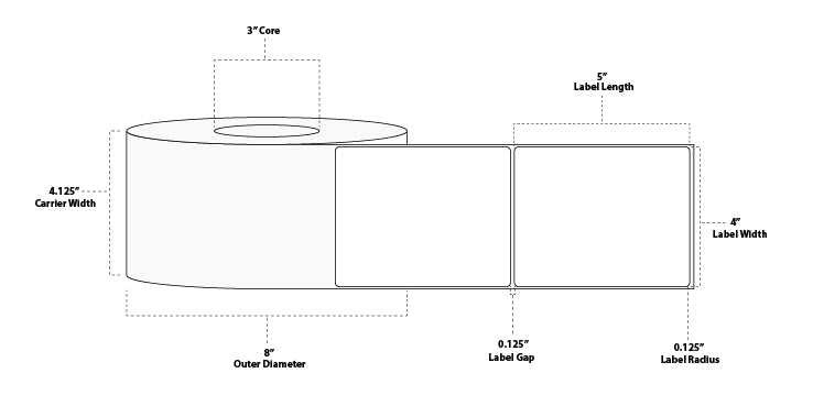 4" x 5" Standard Thermal Transfer Paper Label; Perforated; 3" Core; 8" OD; 4 Rolls/carton (1,200 Labels/roll)