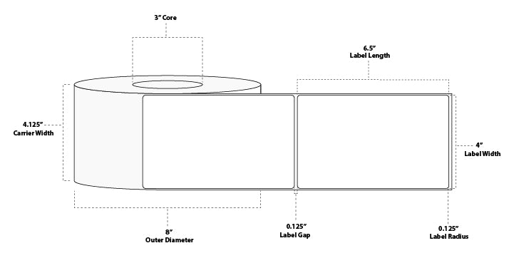 4" x 6.5" Premium Direct Thermal Paper Label; Perforated; 3" Core; 8" OD; 4 Rolls/carton (930 Labels/roll)