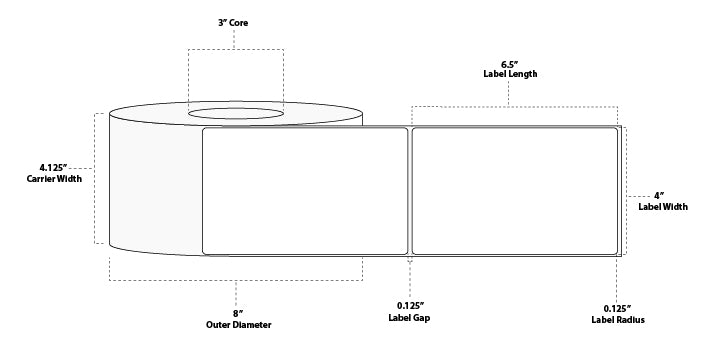 4" x 6.5" Premium Thermal Transfer Paper Label; Perforated; 3" Core; 8" OD; 4 Rolls/carton (900 Labels/roll)