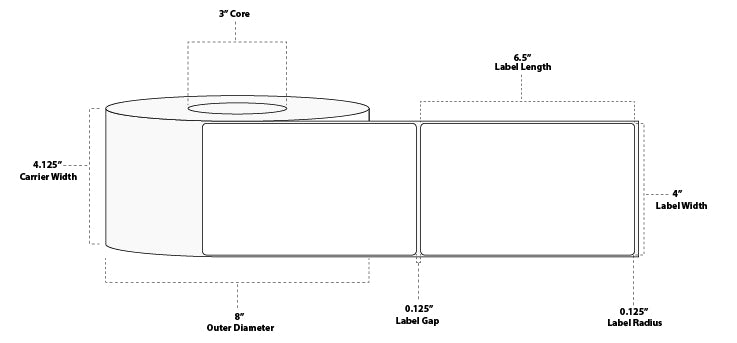 4" x 6.5" Premium Thermal Transfer Paper Label; Perforated; 3" Core; 8" OD; 4 Rolls/carton (930 Labels/roll) - 60 cartons/pallet
