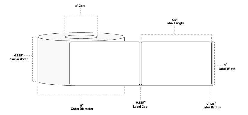4" x 6.5" Premium Thermal Transfer Paper Label; Perforated; 3" Core; 8" OD; 4 Rolls/carton (930 Labels/roll)