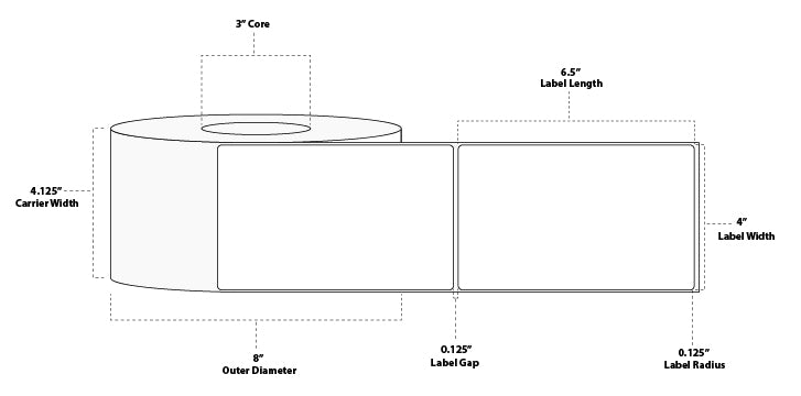 4" x 6.5" Premium Thermal Transfer Paper Tag; Perforated; 3" Core; 8" OD; 4 Rolls/carton (800 Labels/roll)