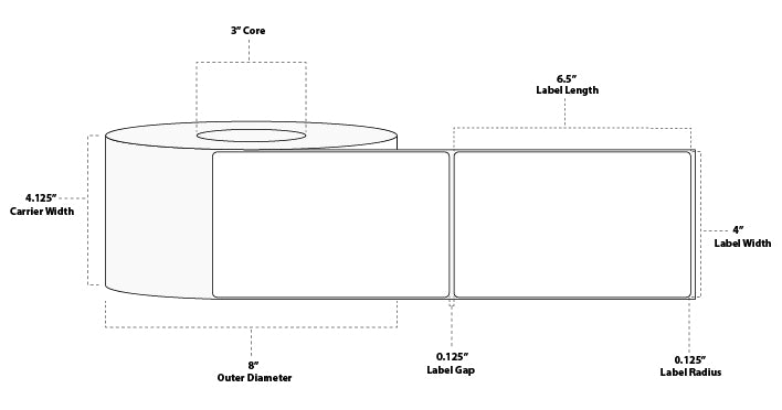 4" x 6.5" Premium Thermal Transfer Paper Tag; Perforated; 3" Core; 8" OD; 4 Rolls/carton (900 Labels/roll)