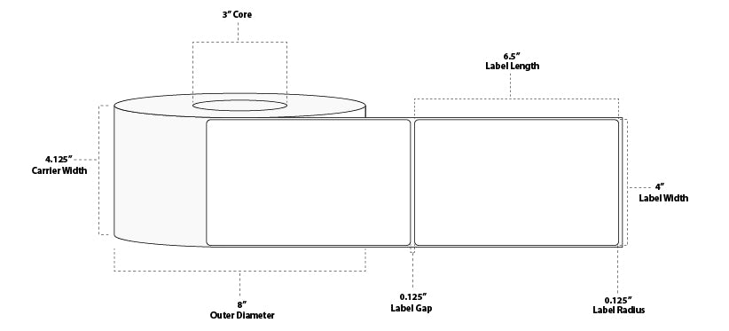4" x 6.5" Standard Thermal Transfer Paper Label; No Perf; 3" Core; 8" OD; 4 Rolls/carton (900 Labels/roll)