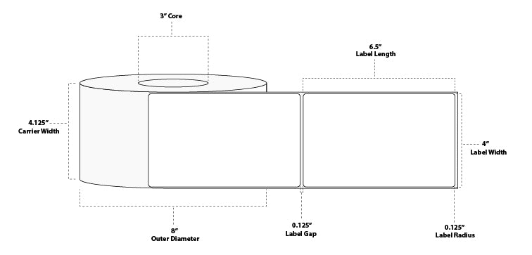 4" x 6.5" Standard Thermal Transfer Paper Label; Perforated; 3" Core; 8" OD; 4 Rolls/carton (900 Labels/roll)