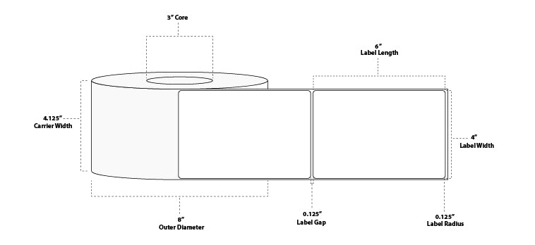 4" x 6" Premium Thermal Transfer Paper Label; No Perf; 3" Core; 8" OD; 4 Rolls/carton (1,000 Labels/roll) - 60 cartons/pallet