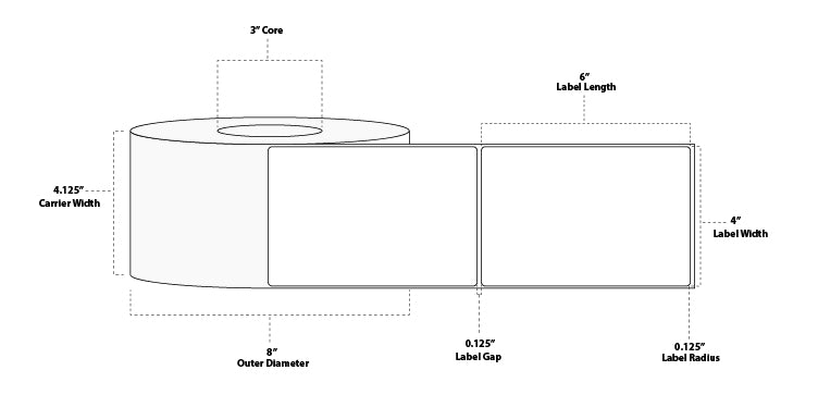 4" x 6" Premium Thermal Transfer Paper Label; Perforated; 3" Core; 8" OD; 4 Rolls/carton (1,000 Labels/roll)