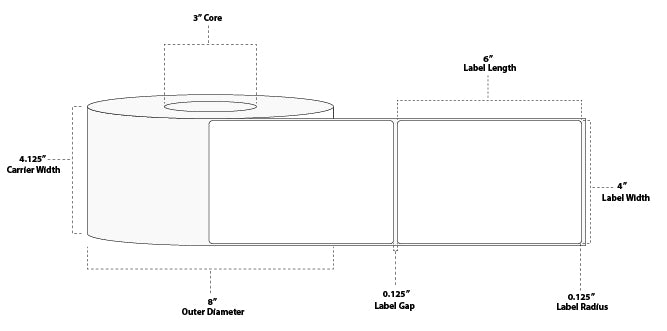 4" x 6" Premium Thermal Transfer Paper Label; Perforated; 3" Core; 8" OD; 4 Rolls/carton (500 Labels/roll)