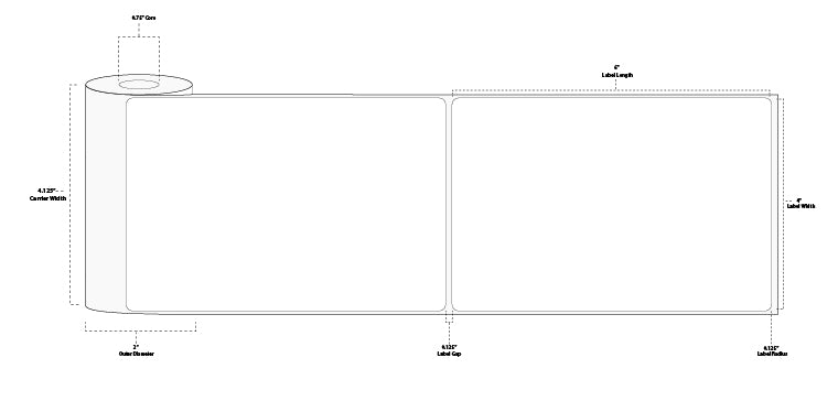 4" x 6" Standard Direct Thermal Paper Label; Perforated; 0.75" Core; 2" OD; 36 Rolls/carton (105 Labels/roll) - Black sensing mark on liner