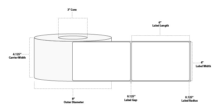 4" x 6" Standard Thermal Transfer Paper Label; No Perf; 3" Core; 8" OD; 4 Rolls/carton (1,250 Labels/roll)