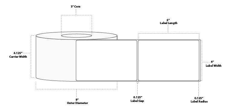 4" x 6" Standard Thermal Transfer Paper Label; Perforated; 3" Core; 8" OD; 4 Rolls/carton (1,000 Labels/roll)