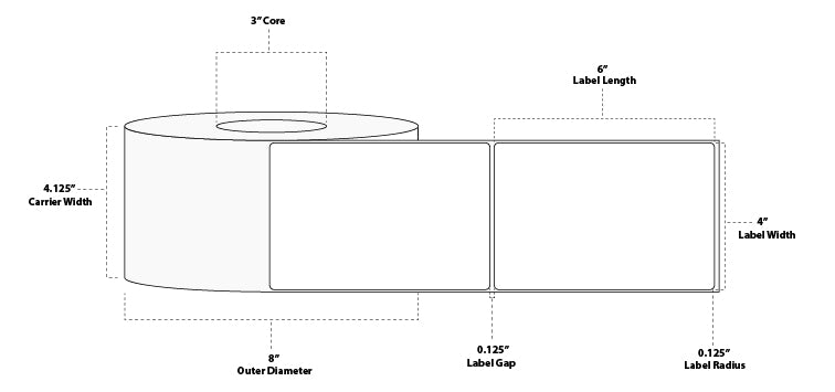 4" x 6" ThinTek Direct Thermal Paper Label; Perforated; 3" Core; 8" OD; 4 Rolls/carton (1,500 Labels/roll)