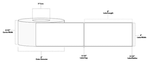 4" x 8.25" Standard Direct Thermal Paper Label; Perforated; 3" Core; 8" OD; 4 Rolls/carton (750 Labels/roll)