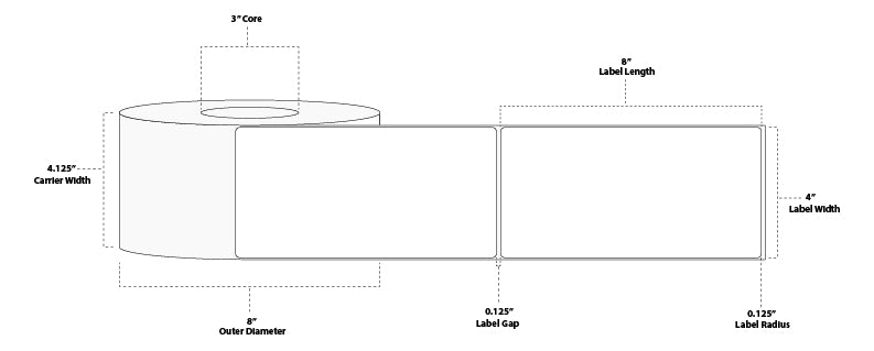 4" x 8" Standard Direct Thermal Paper Label; No Perf; 3" Core; 8" OD; 4 Rolls/carton (750 Labels/roll)