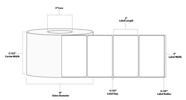 5" x 3" Standard Thermal Transfer Paper Label; No Perf; 3" Core; 8" OD; 4 Rolls/carton (1,975 Labels/roll)
