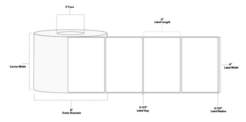 6" x 4" Premium Direct Thermal Paper Label; Perforated; 3" Core; 8" OD; 4 Rolls/carton (1,500 Labels/roll)