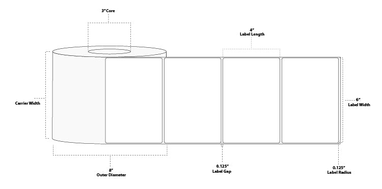 6" x 4" Premium Direct Thermal Paper Label; Perforated; 3" Core; 8" OD; 4 Rolls/carton (1,500 Labels/roll)