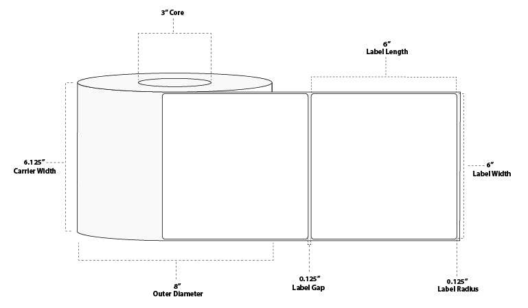 6" x 6" Premium Direct Thermal Paper Label; Perforated; 3" Core; 8" OD; 4 Rolls/carton (1,000 Labels/roll)