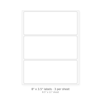 8" x 3.5" round-corner sheet labels, 3 per 8.5" x 11" sheet, white matte