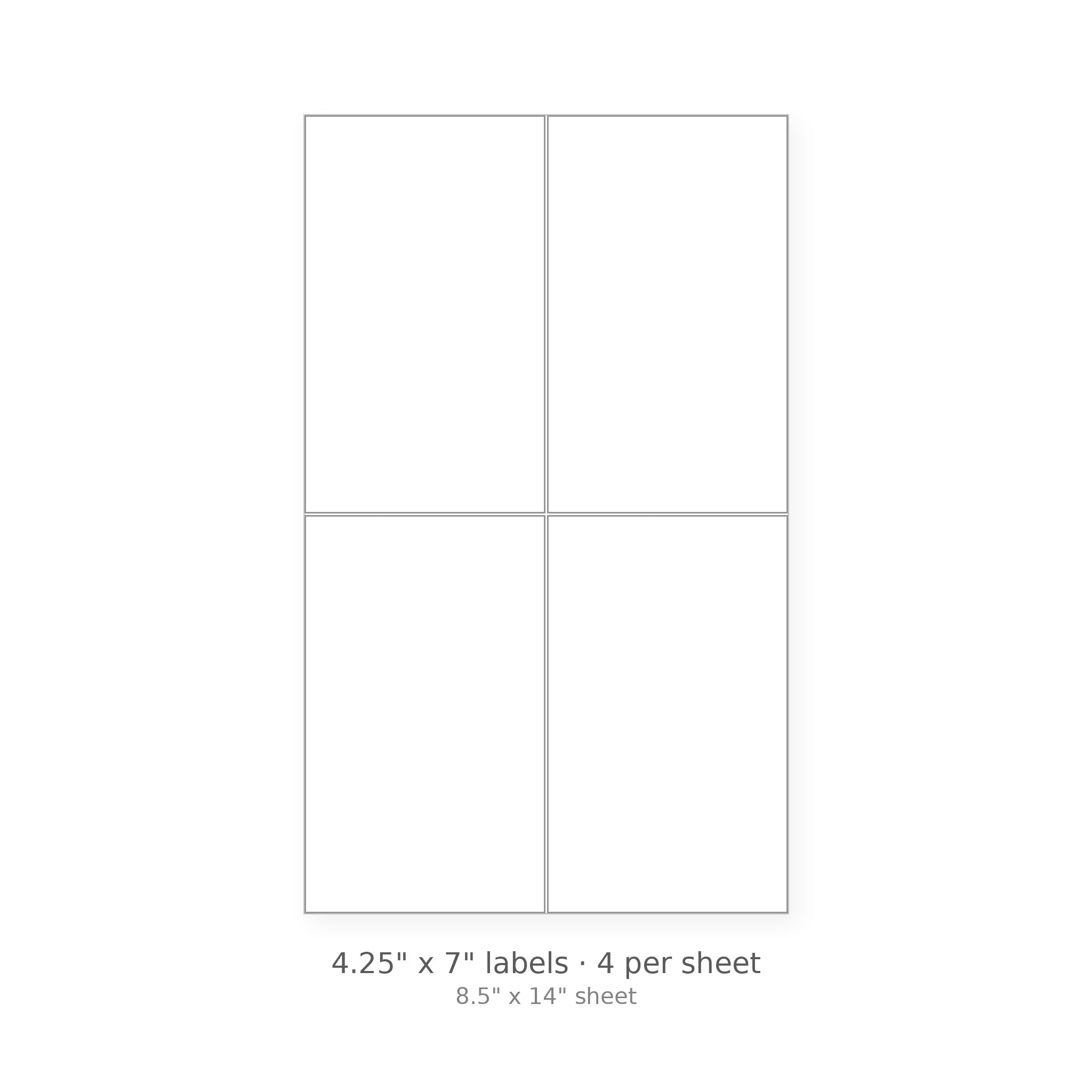 4.25" x 7" square-corner sheet labels, 4 per 8.5" x 14" sheet, white matte
