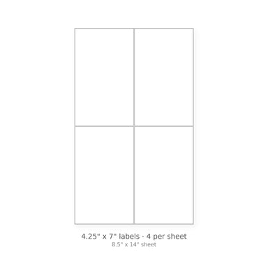 4.25" x 7" square-corner sheet labels, 4 per 8.5" x 14" sheet, white matte