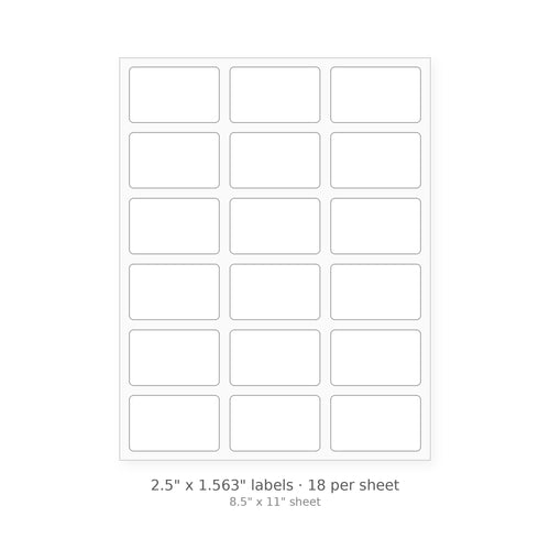 2.5" x 1.563" round-corner sheet labels, 18 per 8.5" x 11" sheet, white matte