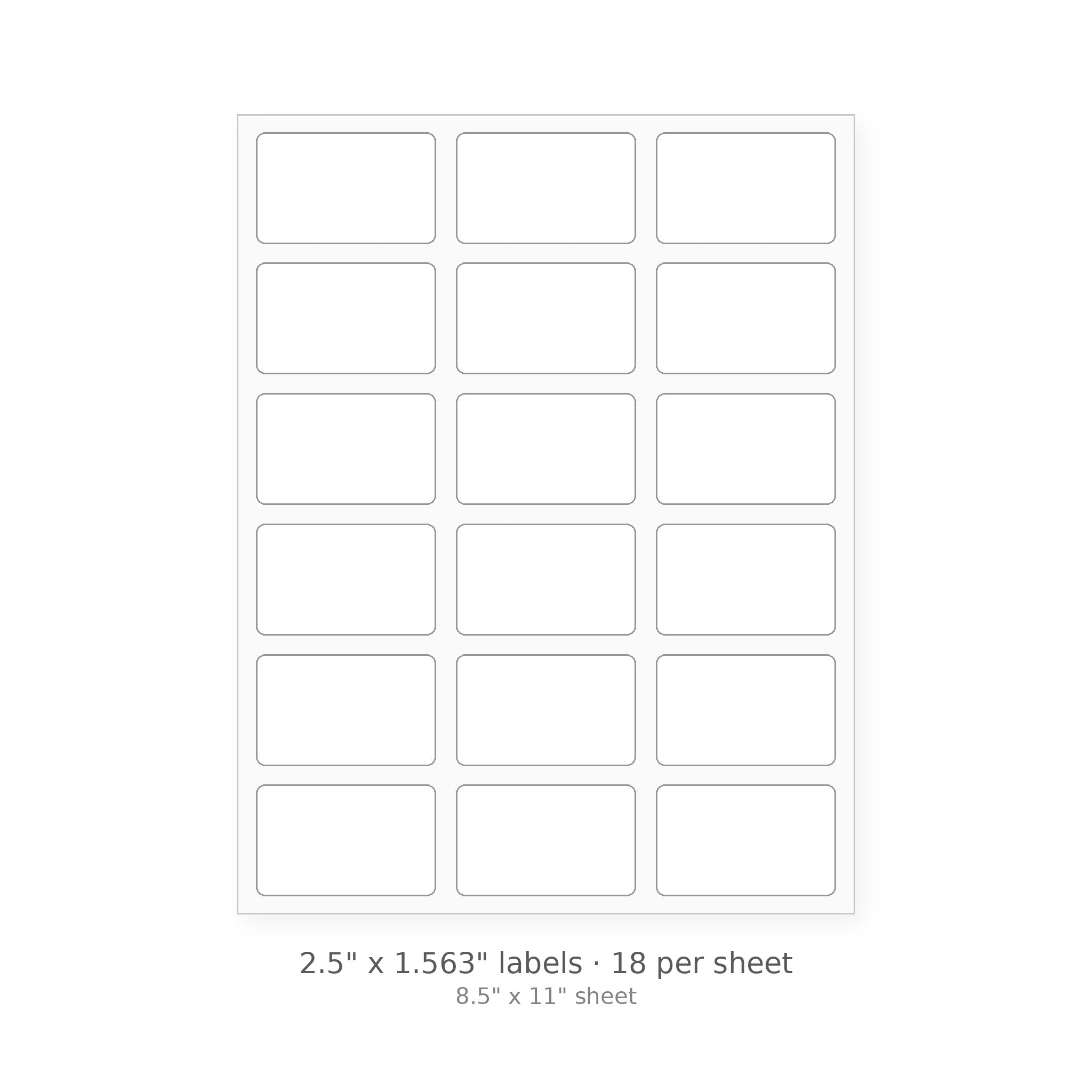 2.5" x 1.563" round-corner sheet labels, 18 per 8.5" x 11" sheet, white matte