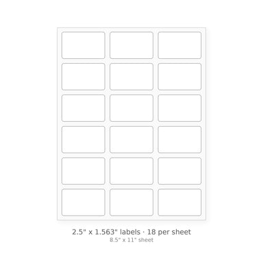 2.5" x 1.563" round-corner sheet labels, 18 per 8.5" x 11" sheet, white matte