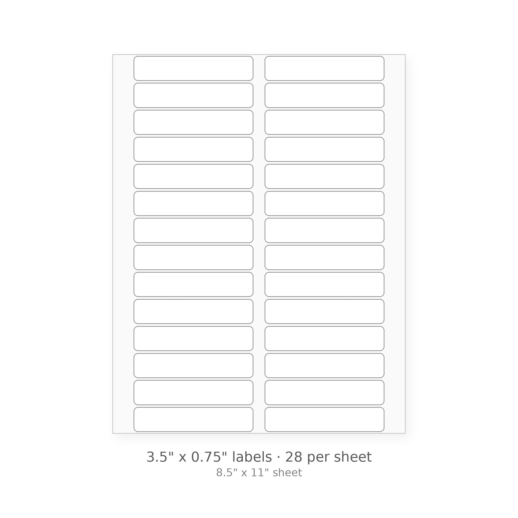 3.5" x 0.75" round-corner sheet labels, 28 per 8.5" x 11" sheet, white matte