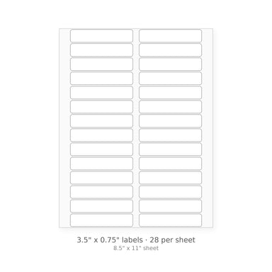 3.5" x 0.75" round-corner sheet labels, 28 per 8.5" x 11" sheet, white matte