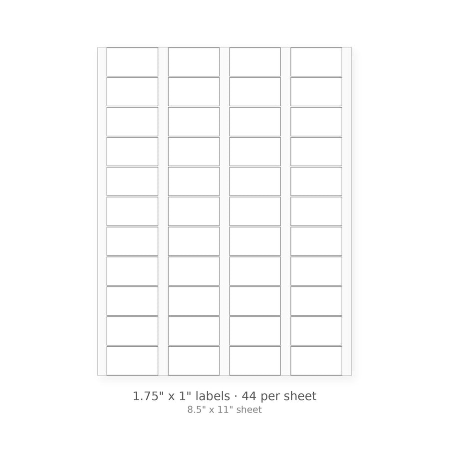 1.75" x 1" square-corner sheet labels, 44 per 8.5" x 11" sheet, white matte