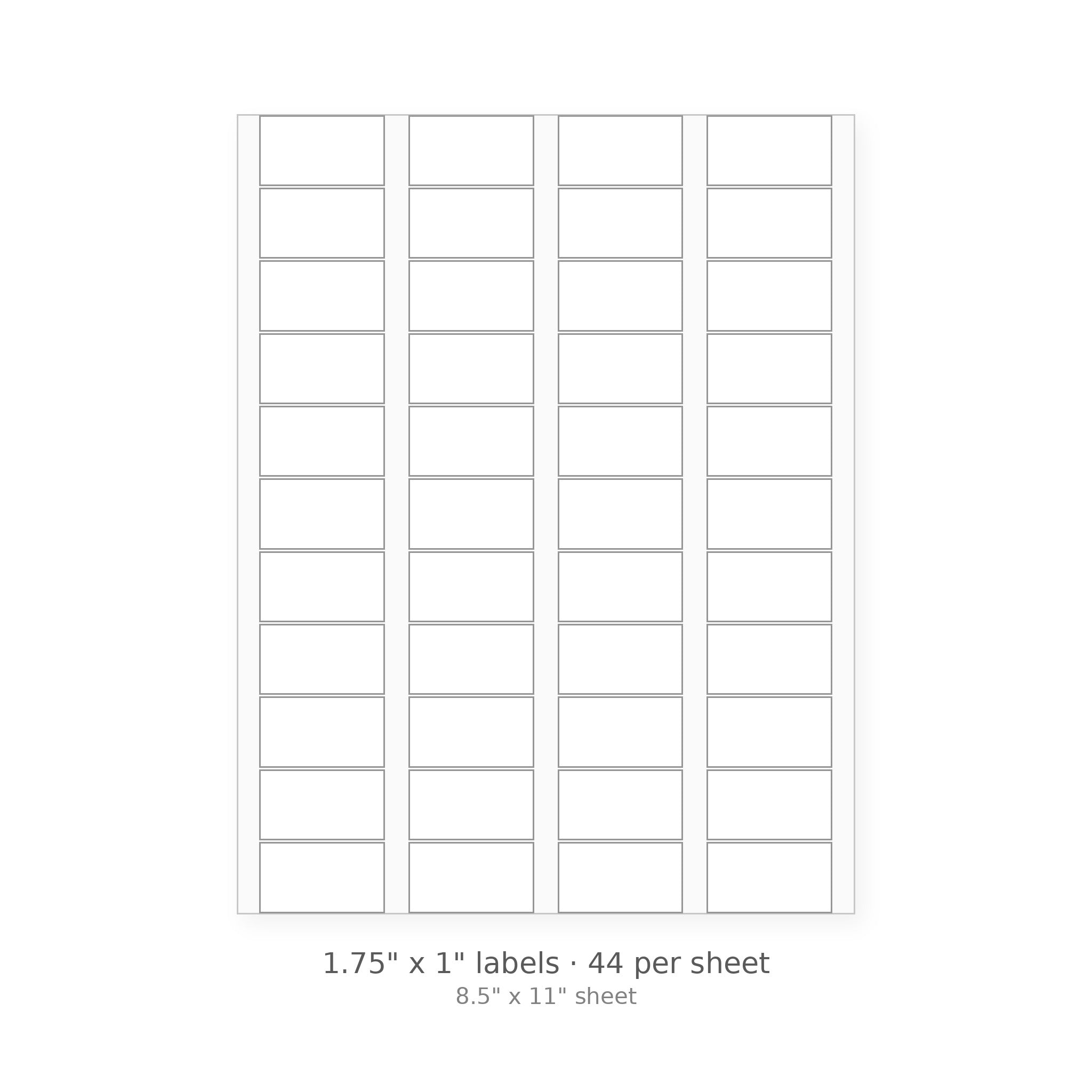 1.75" x 1" square-corner sheet labels, 44 per 8.5" x 11" sheet, white matte