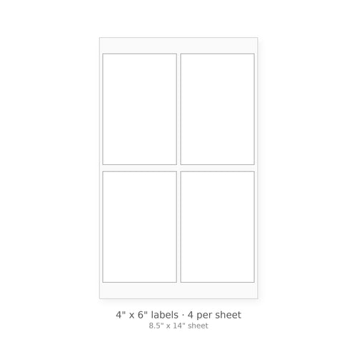 4" x 6" square-corner sheet labels, 4 per 8.5" x 14" sheet, white matte