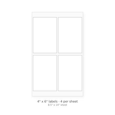 4" x 6" square-corner sheet labels, 4 per 8.5" x 14" sheet, white matte