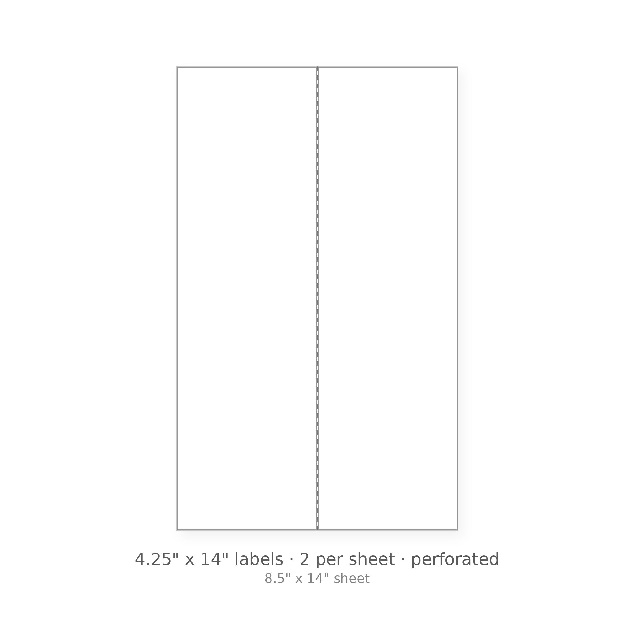 4.25" x 14" perforated sheet labels, 2 per 8.5" x 14" sheet, white matte