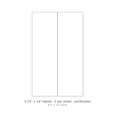 4.25" x 14" perforated sheet labels, 2 per 8.5" x 14" sheet, white matte